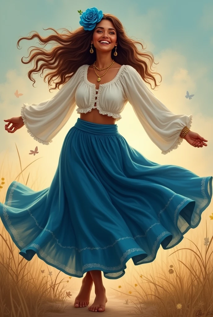 Make a woman brown skin, happy brown hair cheerful with arms open as if spinning, gypsy she wears a long royal blue skirt very round simple, . She wears a blue rose on her head the same color as her skirt.., blue and a white ruffled shirt, long-sleeved with sleeves that cover the wrists and wide sleeves she wears bare feet and a golden bracelet on her hand and a golden ring