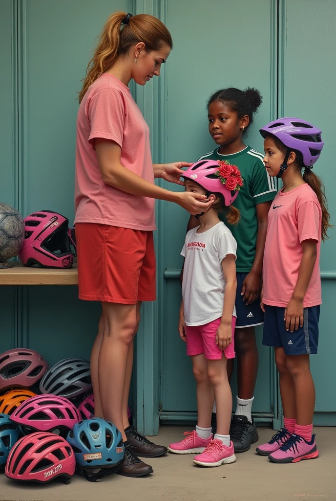Sent by you:
A modern realistic oil painting of a woman soccer coach with a pile of bike helmets next to her in a changing shed. Children without bike helmets, wearing pink and green soccer uniforms, are lining up to have their bike helmets put on their heads so they can play soccer. A girl aged three years old dark skin is wearing a pink flowery bike helmet, ready to play soccer, standing at the front of the line. The rest of the children are lined up behind her not wearing bike helmets but waiting to have their bike helmets put on their heads. The woman is putting a purple bike helmet on a girl with red hair who is standing right behind the girl at the front of the line. The woman with the pile of bike helmets is near the front of the line holding a purple bike helmet in her hands over the head of a girl with red hair who is next in line to have her bike helmet put on her head so she can go and play soccer, with the bike helmets looking like real bike helmets. Include only seven children in the scene and a small pile oelmets from the kids' homes, with each helmet having the name tag of the corresponding child. And a mother who has already prepared her daughter for soccer a girl with blonde hair wearing a purple bike helmet with red roses on it and wearing a pair of green shorts and a pink and green striped soccer jersey