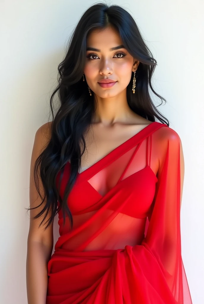 A Very Beautiful Romantic White and Fair skinned Girl, whose age is 24, Her hair style is layer cuttee, her hair is black in colour, hour glass body, heart shaped lips, deep set attractive eyes, Raised nose, Round ear shape, Large chest and natural breasts, plain white skintone, wearing red saree
she is indian, her body is hour glass and normal size, normal cheeks, lips are closed