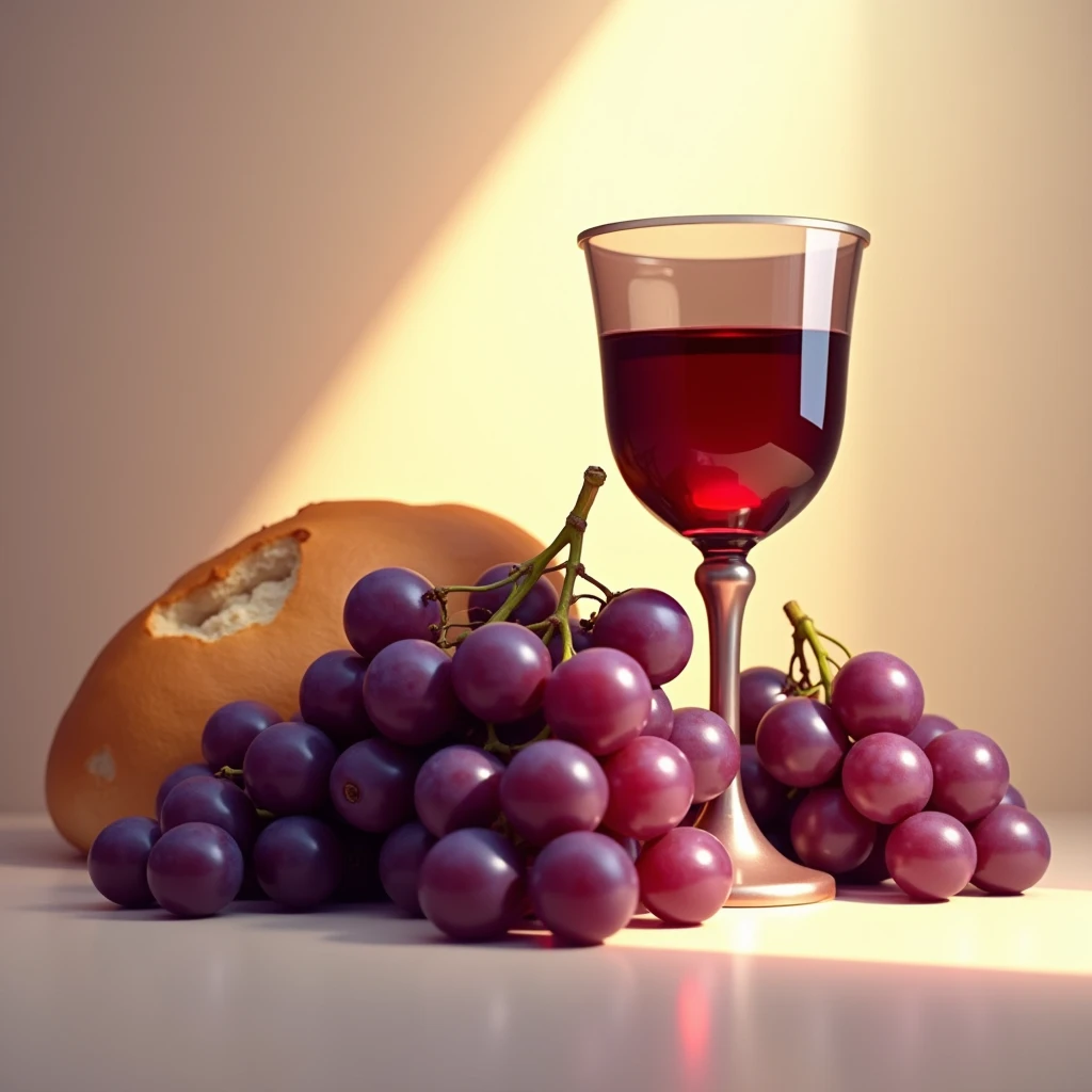 Purple grapes next to a chalice of red wine and unleavened bread on a table, light background, warm tones surround the scene, a warm ray of the sun is what illuminates the elements