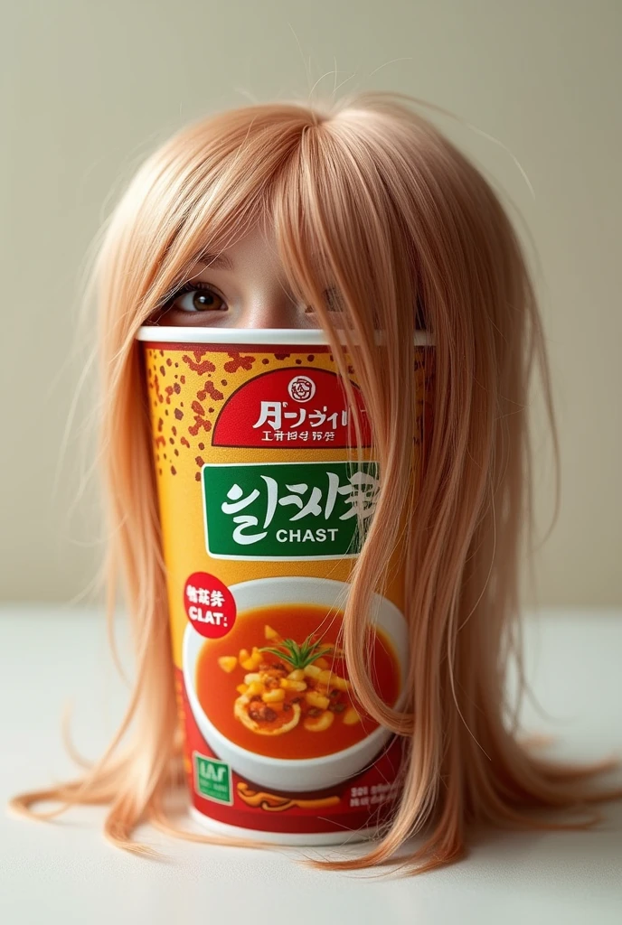 A closed packaged Mexican Maruchan soup that has falling hair on the outside, using a lot of soup to create the hair in the soup. 
