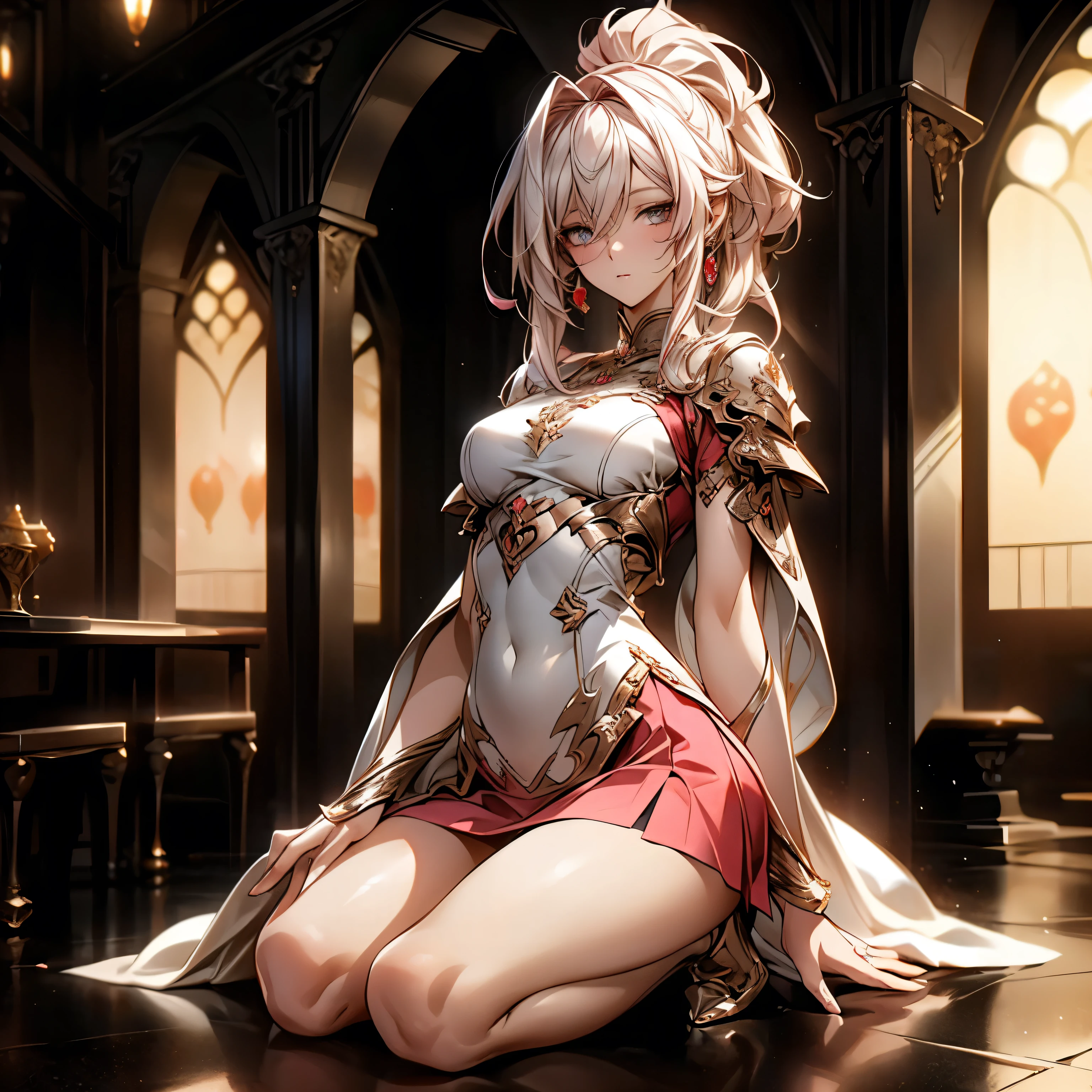 (best quality)), ((Masterpiece)), (details:1.4), 3d, HDR (high dynamic range), an image of a beautiful cyberpunk female, medieval, fantasy, Pink hair, High ponytail, Full body, Beautiful white eyes, จมูกโด่ง, ปากแดง, หน้าอกใหญ่, nvidia RTX, PBR surface, After processing, Anisotropic filtration,depth of field, Maximum clarity and clarity, multi-layered surface, Subsurface scattering, perfect proportions, 8K raw files, ultra detailed, Perfect proportions, volumetric lighting, soft lighting, Holy Paldin, Heavy Silver Armor, Golden dress, glossy skin, Castle background, jewely, ต่างหู, นิ้วมือสมบูรณ์, mini red skirt,