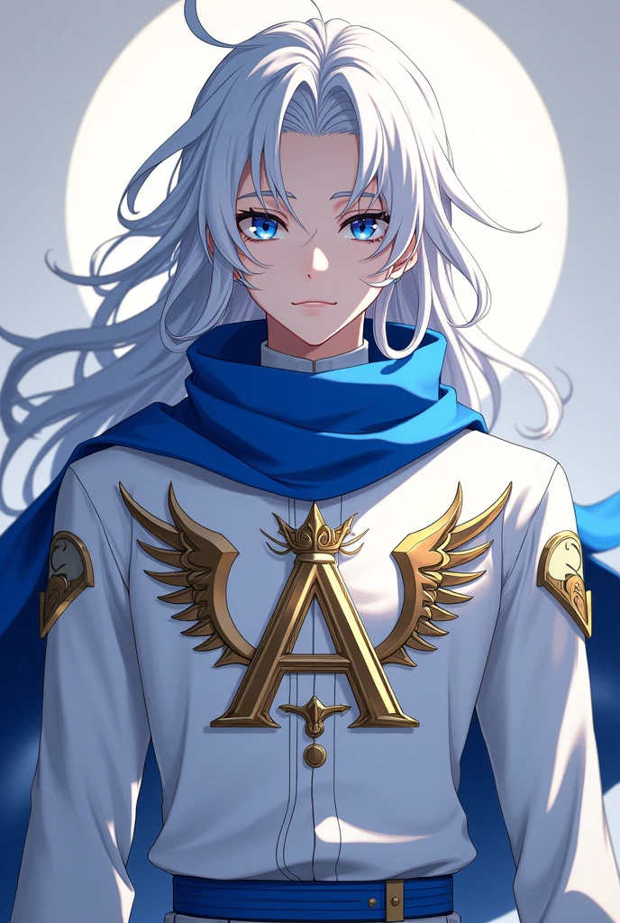 Make a male anime character with white hair blue eyes male with a blue scarf white shirt with the letter A printed on the shirt with wings on the side of the letter A and a crown on top of the letter A