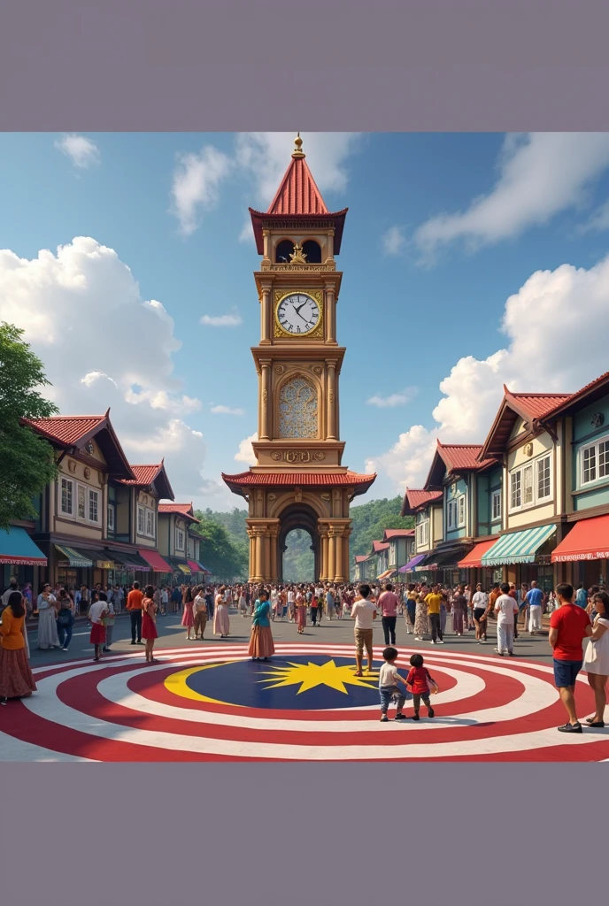 Independence Day, Malaysia flag, clock tower in the middle of the street