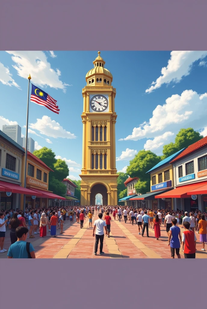 Independence Day, Malaysia flag, clock tower in the middle of the street