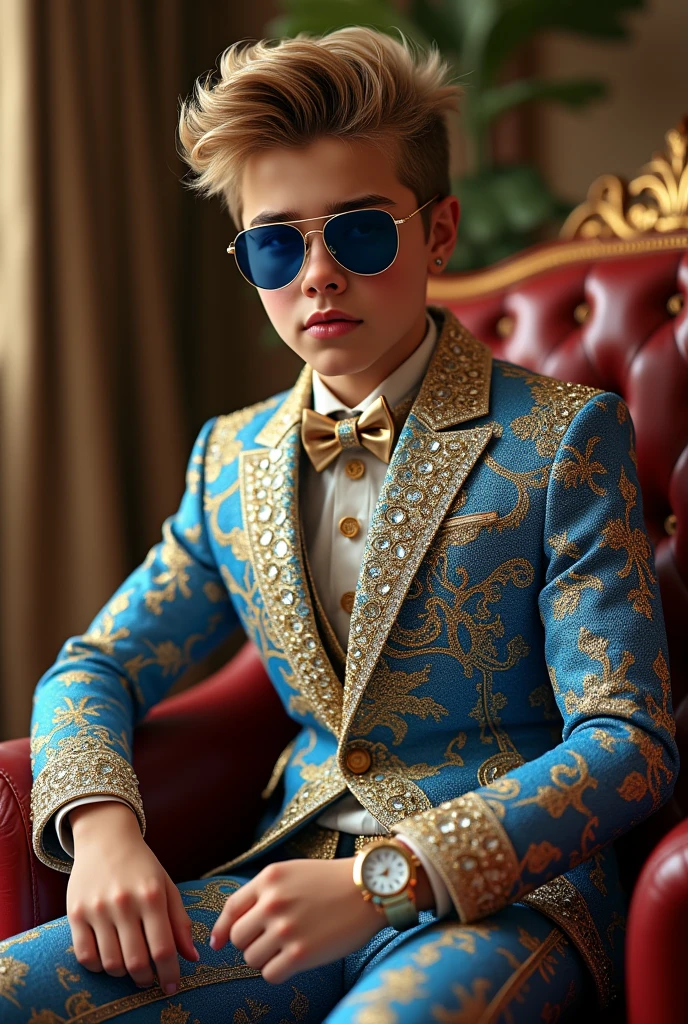 Create a young 1 American boy and he is billionaire and the king in the world. The boy clothes about 500 billion dollars sut .sut make it gold and blue diamond about 5 billion dollar
In realistic . man hair is look like Justin Bieber . Man hand about 200 million dollars watch and wearing blue color sunglass in 500 million dollars