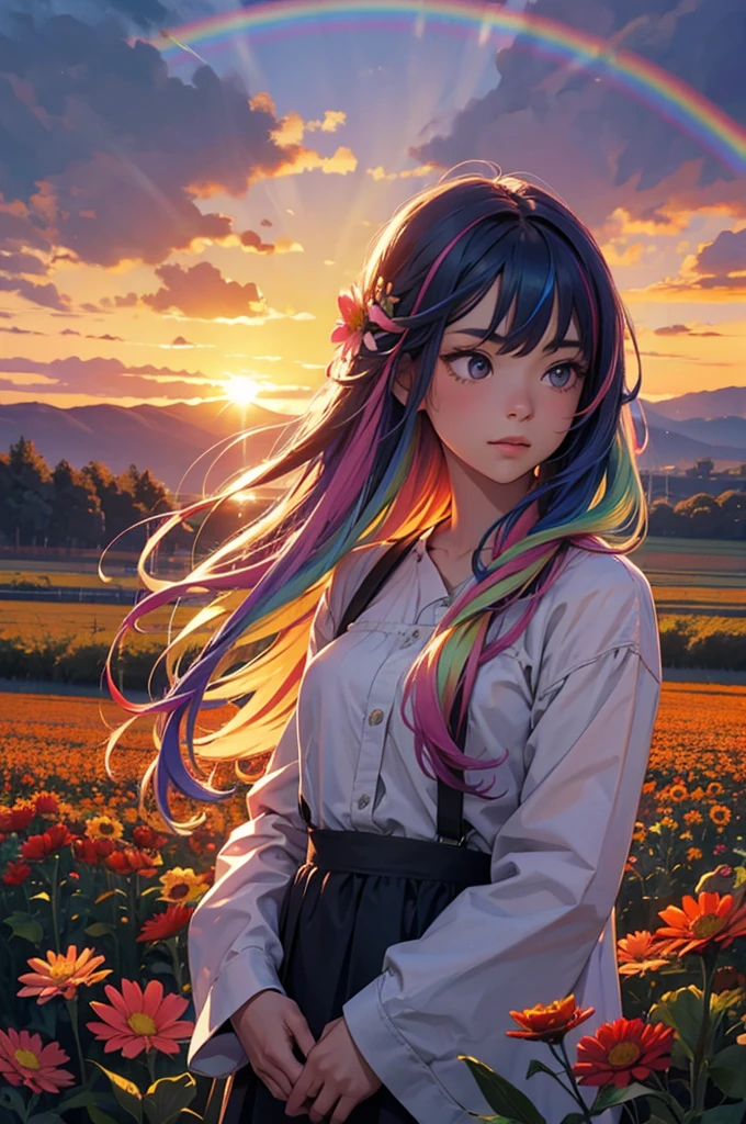 Girl with long rainbow hair, sunset, flower field, upper body