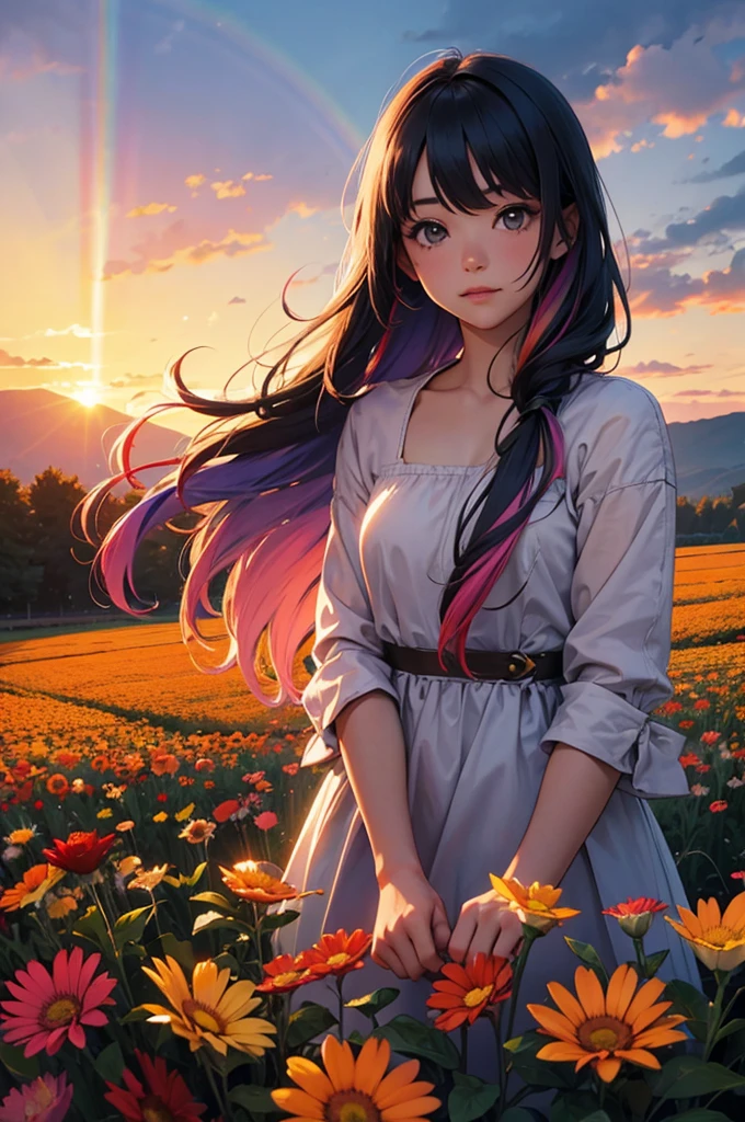 Girl with long rainbow hair, sunset, flower field, upper body