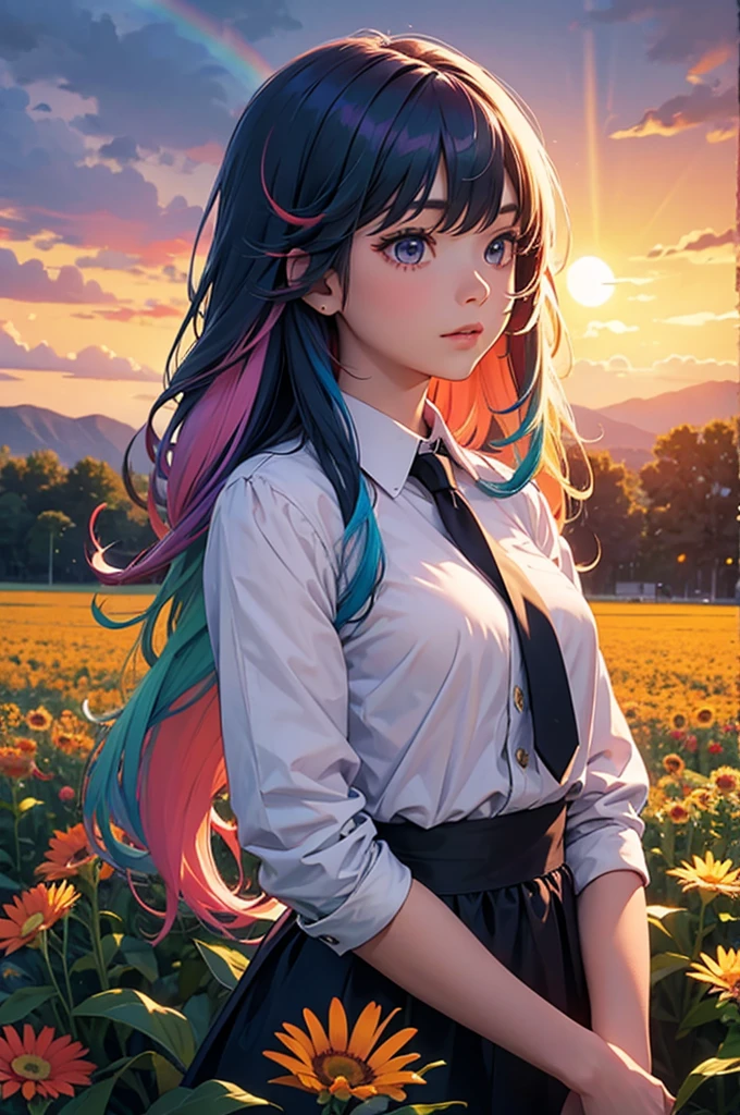 Girl with long rainbow hair, sunset, flower field, upper body
