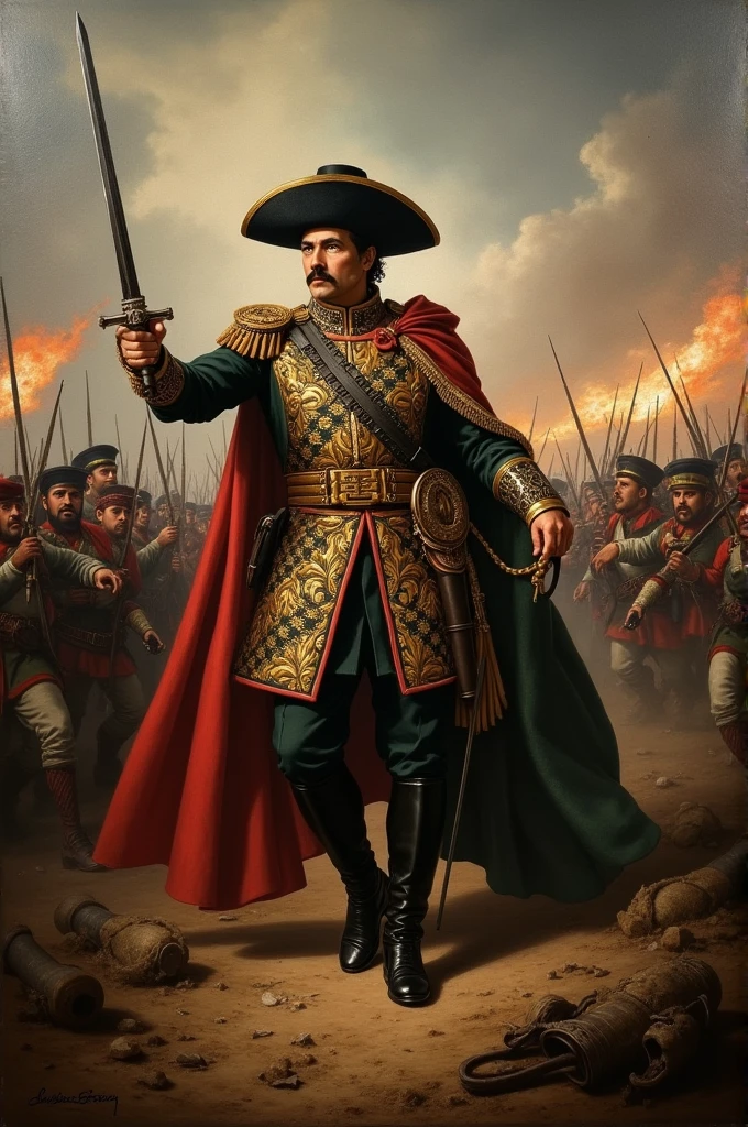 masterpiece, realist, Renaissance painting style, Rembrandt, high contrast, Jose Maria Morelos,.Mexico&#39;s independence, in battle, You can see cannons behind, 