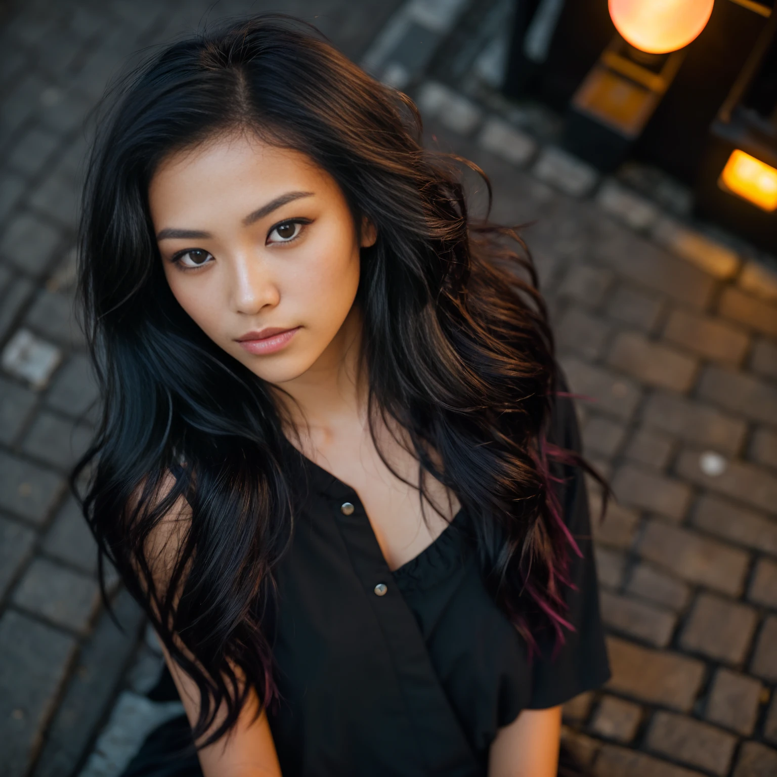 arafed woman with black hair sitting on the beach, flowing  black hair, with  black hair, photo of a beautiful woman, long flowing  black hair,  black golden hour, curly  black hair, beautiful young asian woman, beautiful asian woman, wild ginger hair, pink wispy hair, light pink hair, a young asian woman, an asian woman, infp young woman, (taking selfies, overhead view: 1.4), (straight half of the torso: 1.4), Portrait photo of a 2 french girl in RAW UHD format (Black-eyed woman) Walk down the dark alley, night city, Details (textures! , Hair! , glistering, Color!! , imperfections: 1.1), highly detailed glossy eyes (looking at the camera), DSLR Lighting, SLR camera, Ultra-Quality, sharpness, Depth of field, Film grain (Downtown), Fujifilm XT3, Crystal clear, Frame Center, beatiful face, sharp-focus, street lamp, neon lighting, bokeh (dimly lit), night time, (night  sky), detailed skin pores, oilly skin, suntan, Complex eye details