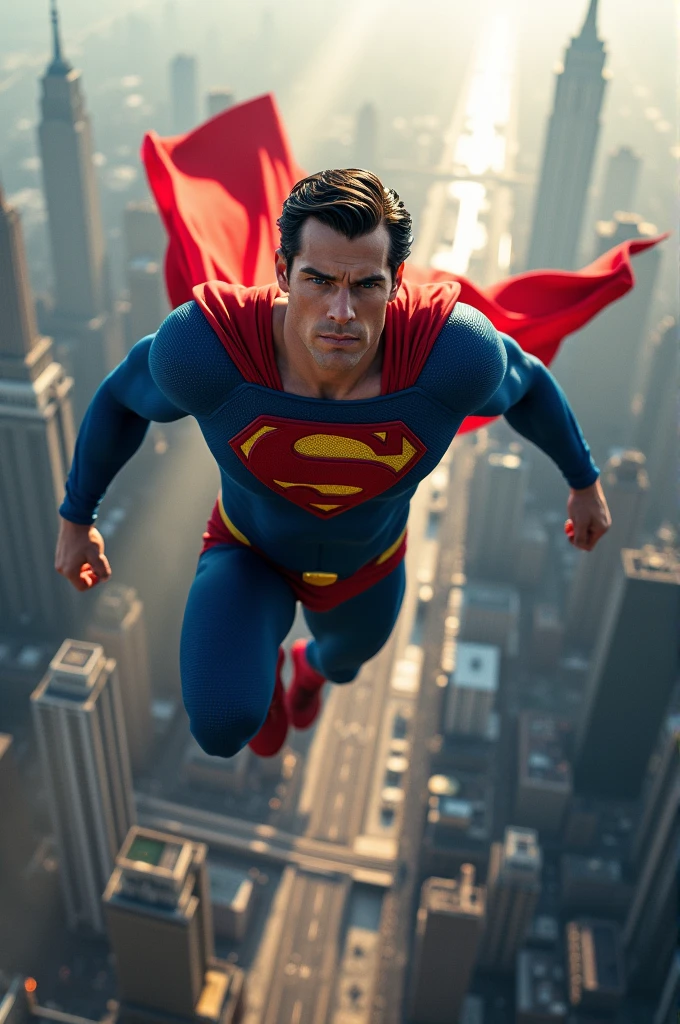 Superman flying over a city