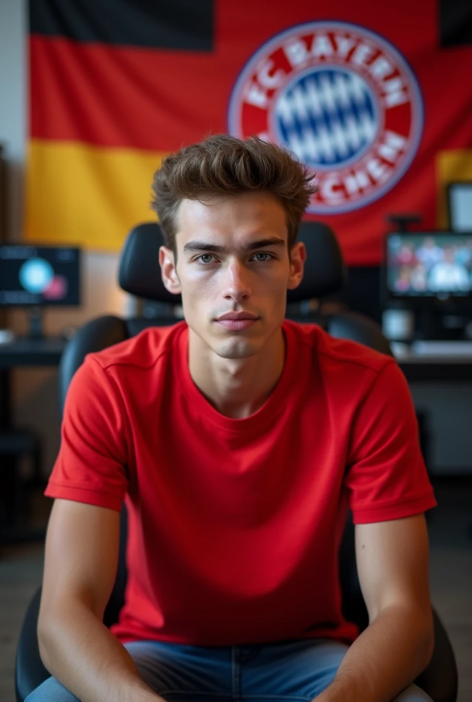 The young man wearing a red t shirt sitting on a chair  looking straight to the camera with cinematic YouTube studio with real Bayern Munich football flag, 