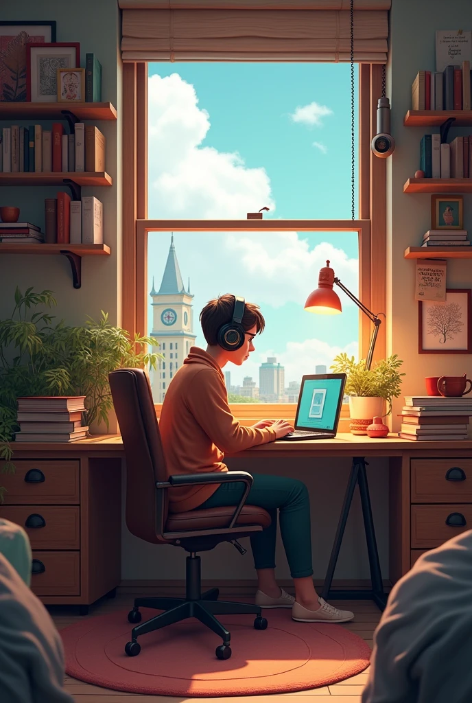 create an image featuring a character sitting at a desk with headphones on, in a cozy room should have elements such as books,  decorations, and window showing either a cityscape of nature.