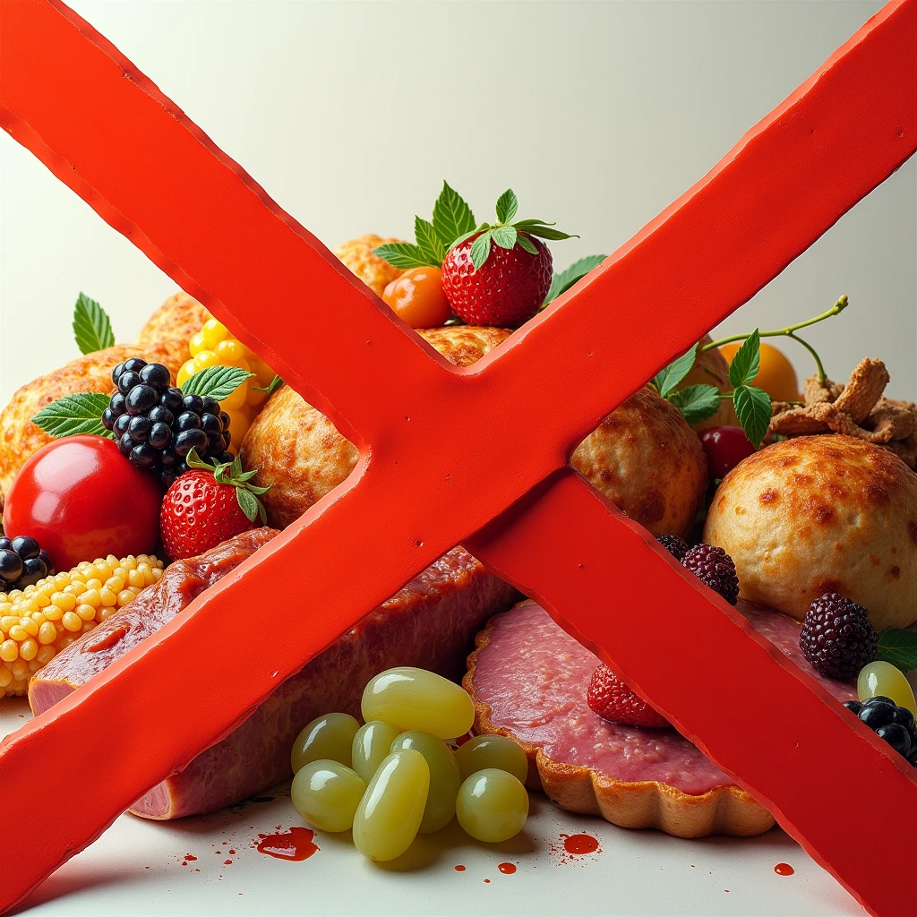 image of several succulent and tasty foods with a red stripe overlapping them, giving the impression that consumption is prohibited , the ultra realistic image
