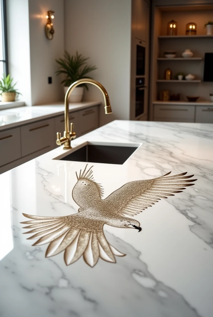 A falcon kitchen with a falcon marble covering inscribed in the middle of a shaish top in white