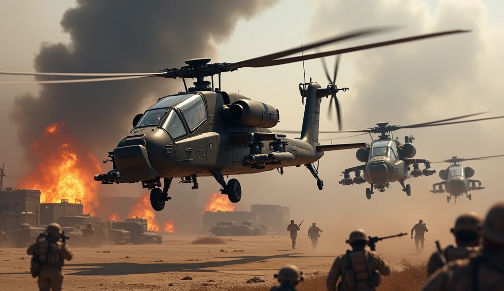 3 state-of-the-art Apache helicopters attack an enemy military base, destroying armored vehicles. Lots of fire and explosions, enemy soldiers running