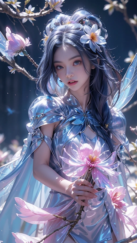 8k, masterpiece, 1 girl, beautiful face, very long hair, light makeup, (glossy skin:1.5), detailed eyes, detailed lips, small bust, short clothing, dragonfly, ((blue dragonfly clothing)), ((flowing cape)), light clothing, (flower falling:1.5), god rays, depth of field, ray tracing,