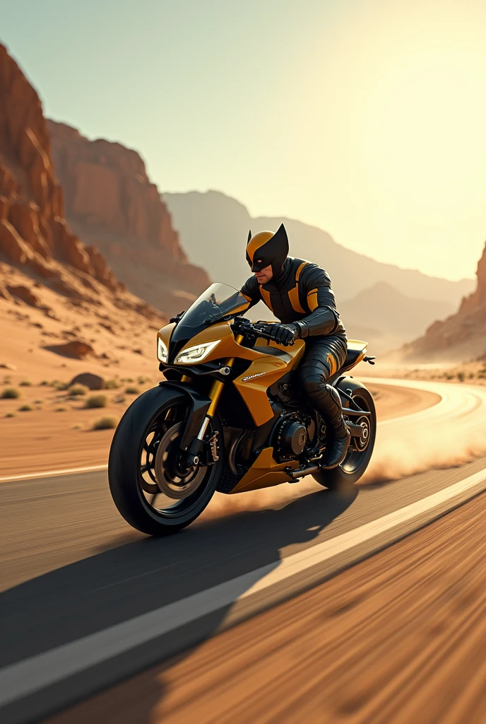 Wolverine in black and yellow suit is riding a bmw racing bike in side pose. It is morning time. The weather is good. The place is a desert and there is a road in the middle of it.