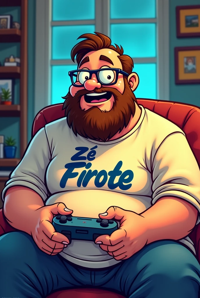 I want a cartoon drawing of a chubby man with beard with glasses with a video game controller in his hand and wearing a t-shirt with Zé Firote written on it.
