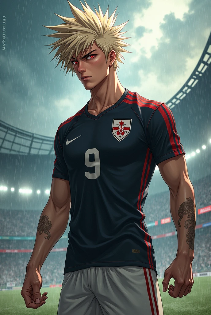 Create a highly detailed image of Ren Hayato, a fierce and impulsive 1 soccer player. He has a muscular and agile build, standing at 1.85 meters tall, with platinum blonde hair that is messy and spiked, featuring a distinct red streak in the front. His eyes are a striking, intense red, with a wild, predatory gaze. Ren's expression exudes confidence and ferocity, capturing his untamed nature. He wears a soccer uniform that highlights his powerful physique, with a jersey that has the number 9. The background is a chaotic, stormy soccer field, with heavy rain and wind, reflecting his aggressive and unpredictable playing style. The overall atmosphere should convey raw energy and intensity, emphasizing Ren's role as a dominant force on the field. his hair is the same as Shidou Ryusei's in cut

Image size: 1024x1792 (full-body portrait)