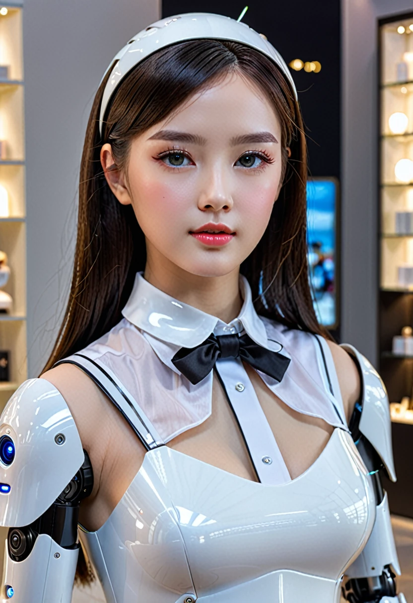 a beautiful, lifelike android female robot display, 10 girl, hyper realistic, highly detailed, photorealistic, cinematic lighting, seamless skin, stunning facial features, beautiful eyes, full lips, flawless porcelain skin, delicate feminine features,  body, various outfits including maid, schoolgirl, dominatrix, business attire, alluring poses, diverse ethnicities, youthful appearance, in a high-end retail showroom setting, luxurious decor