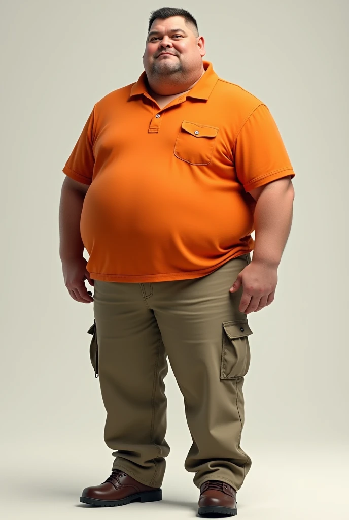 show man overweight full body in uniform of orange polo shirt and cargo pants