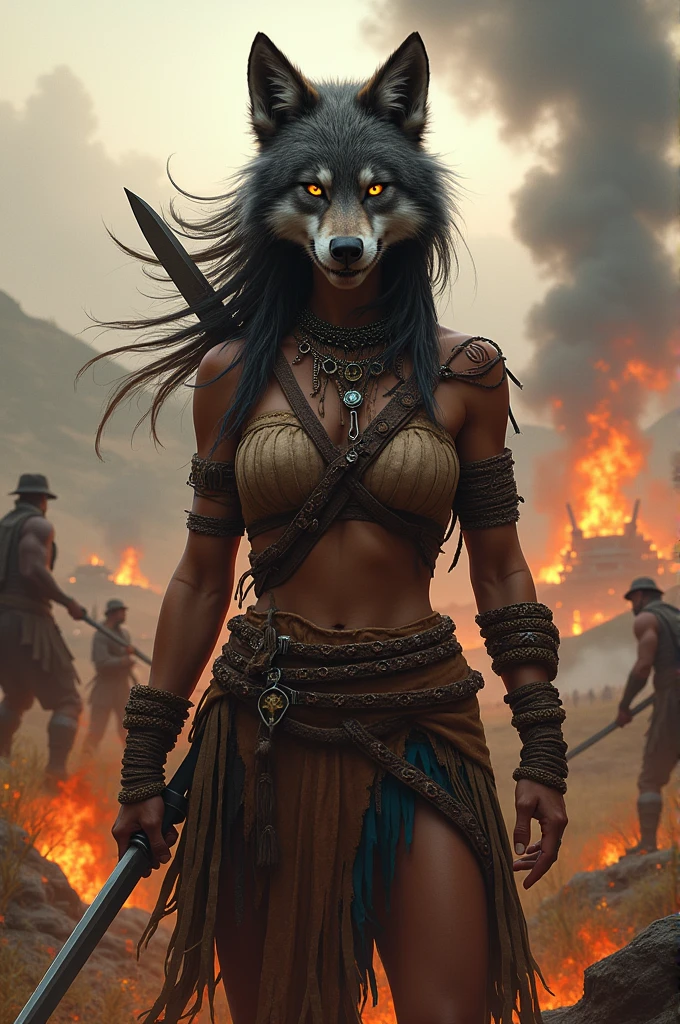 Indian woman with wolf head in a war scene with knife in hand
