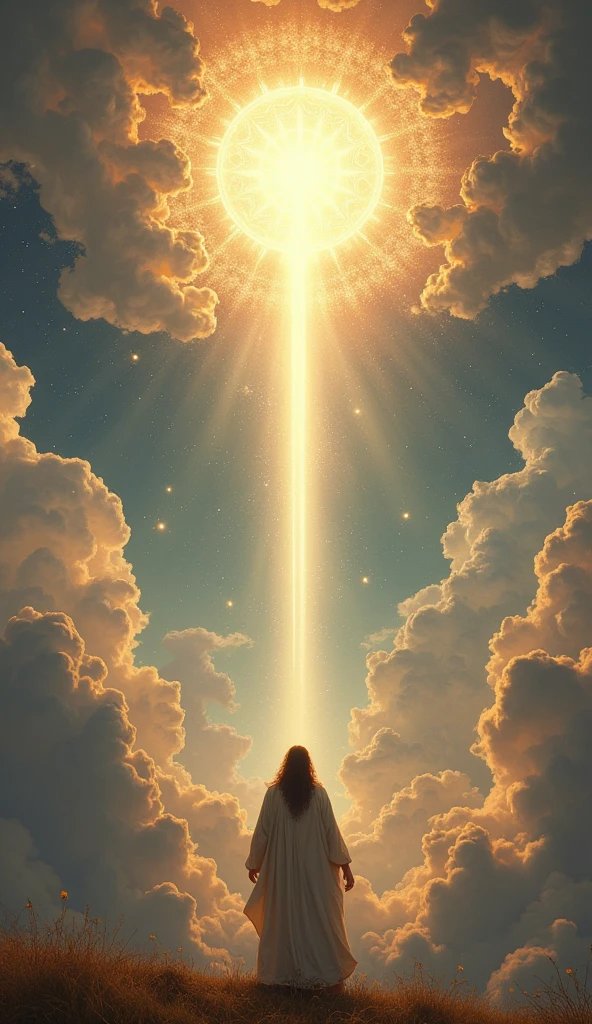 Visão Celestial de enoch "Create an awe-inspiring image of a celestial vision with a dramatic, turbulent sky. Show heavy clouds illuminated by rays of divine light. Add a central figure of a man dressed in elegant ancient robes (enoch), looking up at the sky with an expression of amazement. Include elements like floating angels and cosmic symbols to add a touch of mystery and majesty.."