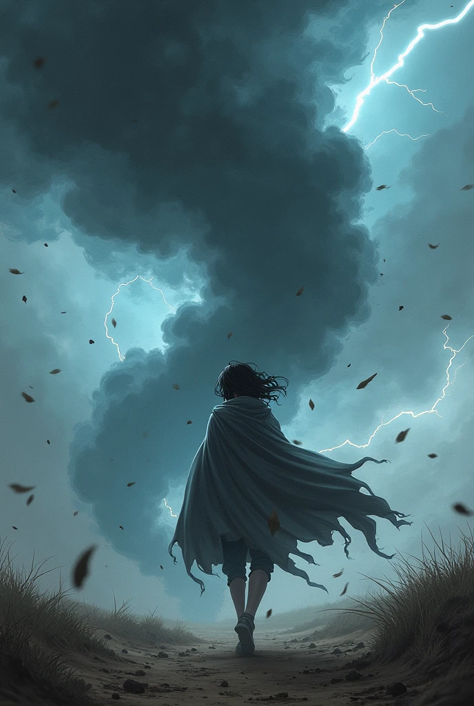 A dark-haired ager in a cape and gray clothes,  using magic to create a tornado and strong winds