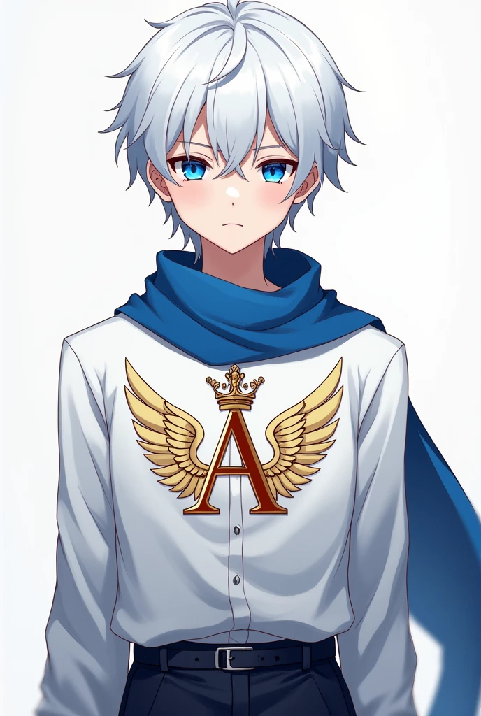 Make a male anime character with short white hair blue eyes male with a blue scarf white shirt with the letter A printed on the shirt with wings on the side of the letter A and a crown on top of the letter A