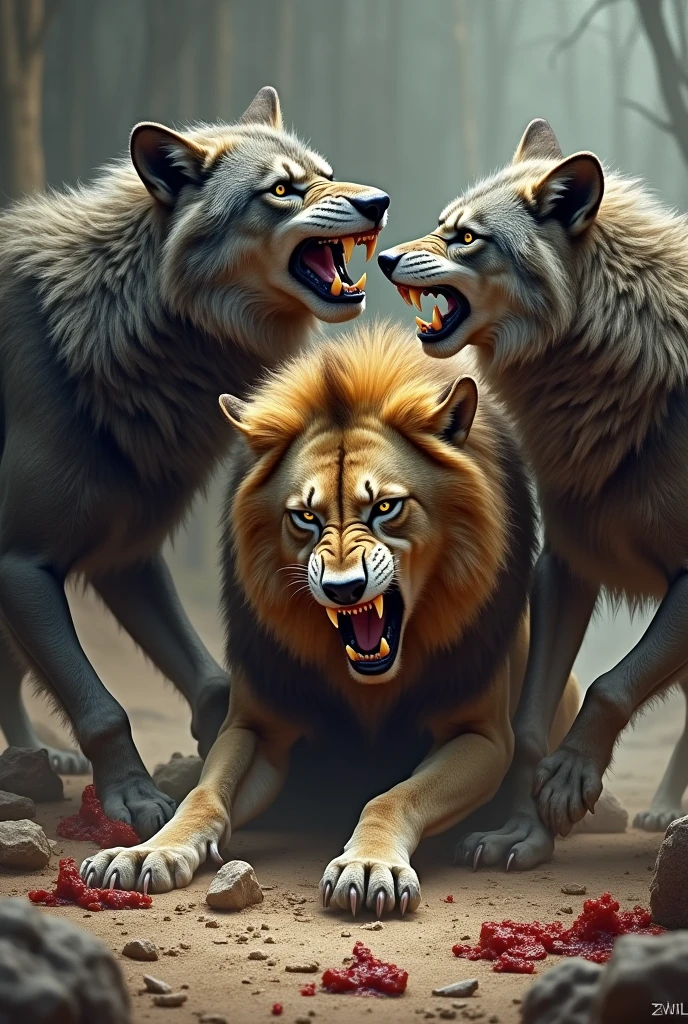 A pack of angry wolves beating a weak lion
