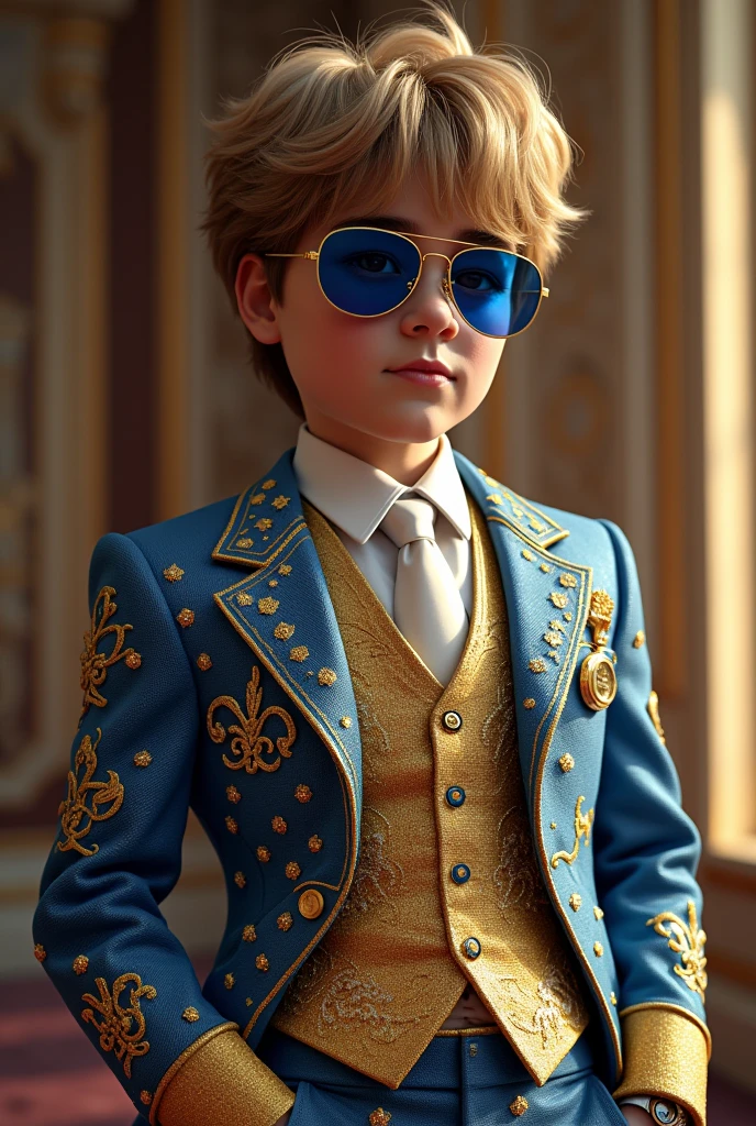 Create a young 1 American boy and he is billionaire and the king in the world. The boy clothes about 500 billion dollars sut .sut make it gold and blue diamond about 5 billion dollar
In realistic . man hair is look like Justin Bieber . Man hand about 200 million dollars watch and wearing blue color sunglass in 500 million dollars