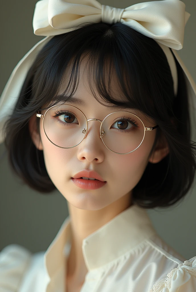 a girl with medium-length black hair with korean bangs, glasses, and a large white hair bow, detailed portrait, beautiful detailed eyes, beautiful detailed lips, extremely detailed eyes and face, long eyelashes, high fashion, elegant, intricate details, cinematic lighting, warm color palette, soft focus, photorealistic, 8k, best quality, masterpiece, highly detailed