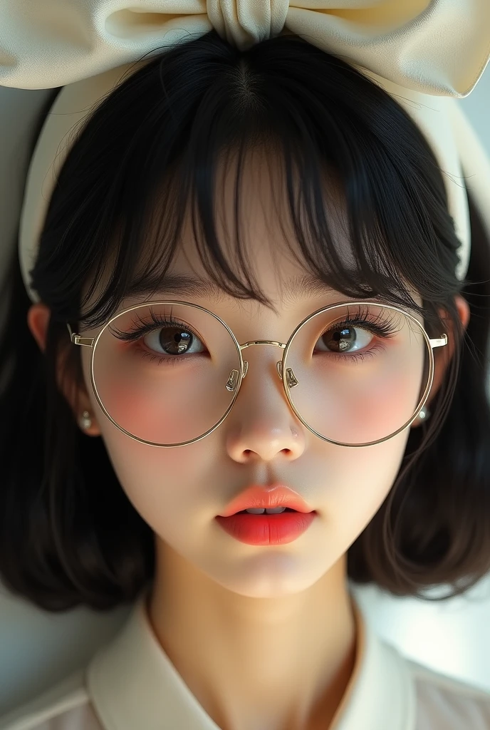 a girl with medium-length black hair with korean bangs, glasses, and a large white hair bow, detailed portrait, beautiful detailed eyes, beautiful detailed lips, extremely detailed eyes and face, long eyelashes, high fashion, elegant, intricate details, cinematic lighting, warm color palette, soft focus, photorealistic, 8k, best quality, masterpiece, highly detailed