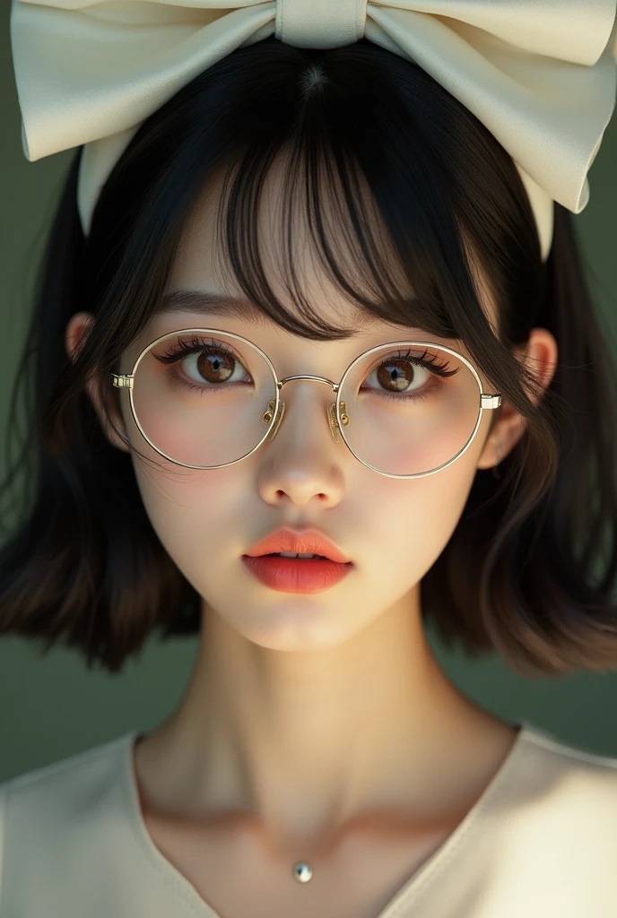 a girl with medium-length black hair with korean bangs, glasses, and a large white hair bow, detailed portrait, beautiful detailed eyes, beautiful detailed lips, extremely detailed eyes and face, long eyelashes, high fashion, elegant, intricate details, cinematic lighting, warm color palette, soft focus, photorealistic, 8k, best quality, masterpiece, highly detailed