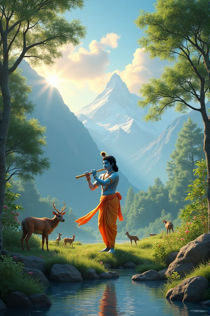 Make a video of lord krishna,plaing flute,peaceful natural environment,there is a mountain in the background far away, a river,green trees,anals in background
