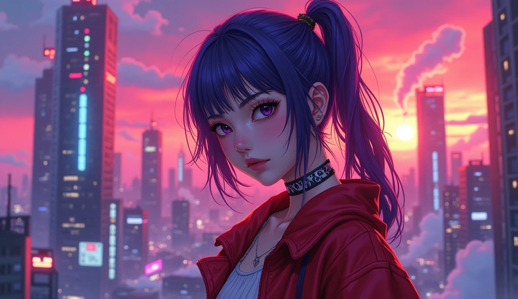 Close-up of the city,Neon sunset in the background, synthwave city, Steam Pau City, synthwave aesthetic, Neon city background, New Tokyo Background, Background is neon metropolis, Futuristic city background, Cyberpunk aesthetics, The background story of this city is full of cyberpunk style, Purple Cyberpunk City, Cyberpunk city background, Cyberpunk aesthetics, Cyberpunk atmosphere, Cyberpunk Cityscape,cartoon云, cartoon背景, cartoon天空, Makoto Shinkai's style, Beautiful clouds. cartoon, Makoto Shinkai's style, Shen Haicheng!, 美丽的cartoon风景, Based on Xin Haicheng, cartoon风景壁纸, Shen Haicheng!!, Shinkai Makoto's Artistic Style, Japanese,Pale skin,Pretty face(Purple Hair)Red Jacket,Tokyo Night, has cyberpunk style,Japanese Streetwear,Tokyo Fashion,wearing cyberpunk 2 0 7 7 jacket,Total length,Attractive pose,Bottom View