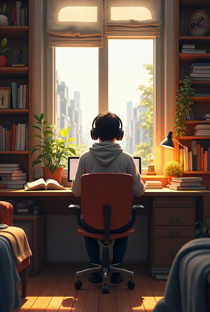 create an image featuring a character sitting at a desk with headphones on, in a cozy room should have elements such as books, decorations, and window showing either a cityscape of nature.