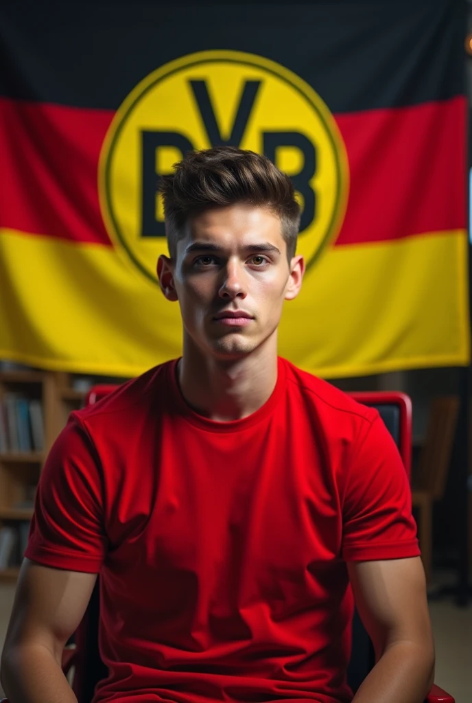 The young man wearing a red t shirt sitting on a chair looking straight to the camera with cinematic YouTube studio with real Brussia Dortmund football flag,