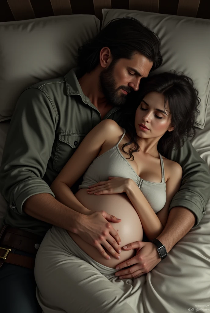 A beautiful woman with wide hips, long hair with waves, Beautiful face like a doll. with big breasts, touching her pregnant belly, She has a blue heart-shaped necklace, with a black bra and black panties all lace. A man hugs her from behind, The man is much taller, short black hair, Muscular and wearing a black t-shirt and black jeans. blue glow (blurred background in a dark room)