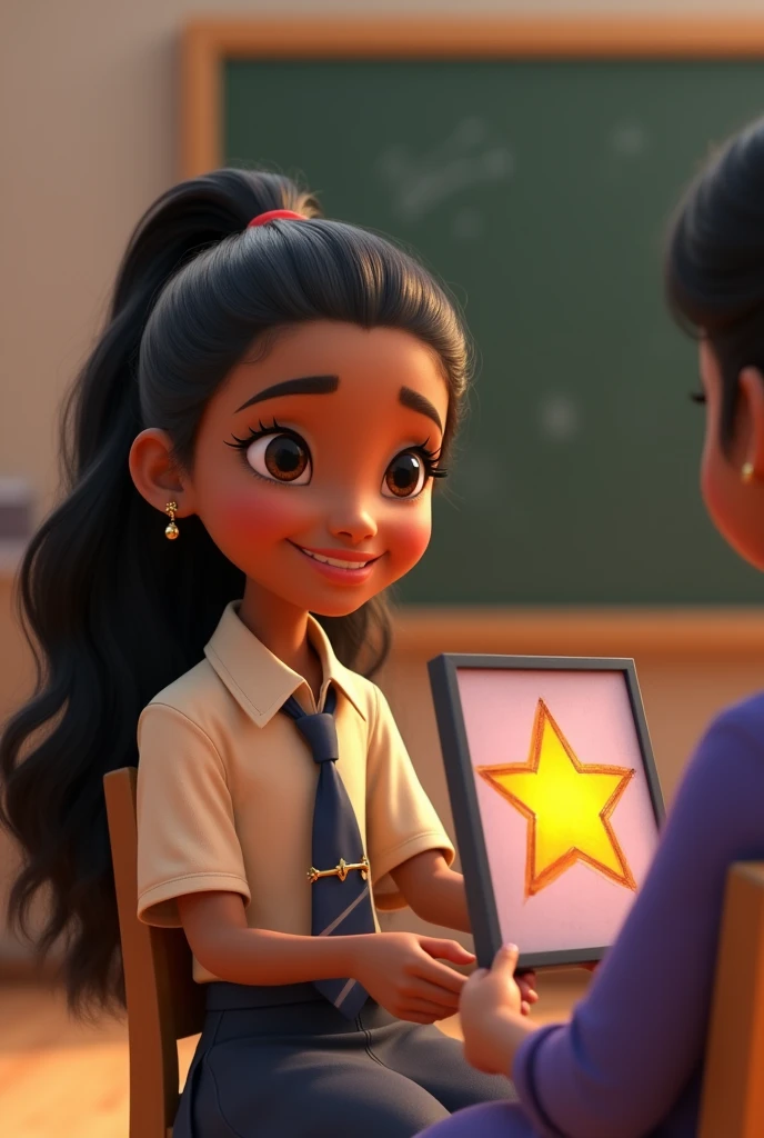 3d CG animated 2 human ,1 young girl ,Full body side view of a 13 ybrave,happy,calm,decent and responsible girl with long wavy black hair with high pony,light brown skin,big eyes,small nose, small lips with smile ,little thin jaw line,sharp chin wearing ivory half sleeve shirt ,dark blue neck tie and dark blue half skirt , small ear studs giving beautifully painted star painting to the woman wearing salwar,small rectangle spectacle without frame, long gold chain and small gold earrings,black wavy hair tied, black eyes, dark brown skin tone, slightly slanted round face, sitting in the chair,bright  light, classroom blackboard background,Pixar,9:16 ratio