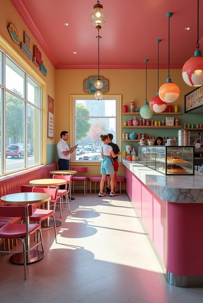 Give me some pictures of the interior of an ice cream shop with the most beautiful color combination. Note that the ice cream parlor countertop is made of light gray marble and that the ceiling should be a different color than the rest of the walls.. Use a color other than sky blue, take into account the light gray.