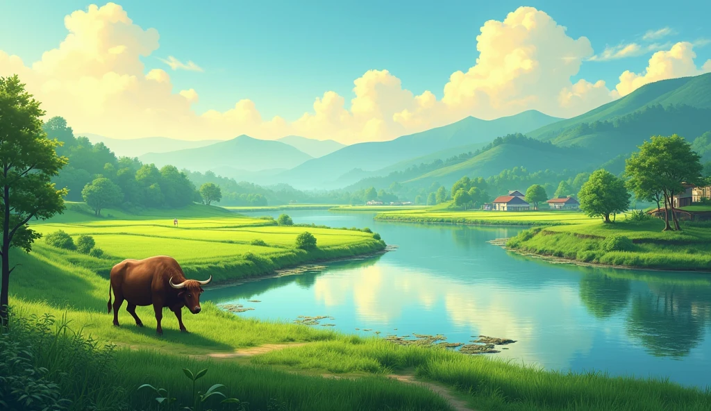 Create a beautiful landscape image of a countryside with a river flowing through it. The river is surrounded by rice fields and lush green trees. And in the background there were mountains covered with trees and hills. The [sunshine] sky was blue [golden] with white clouds, and the overall mood of the picture was calm and quiet. In front of him, a brown buffalo was grazing. Right side of the river There appears to be a small village or village with a few houses and buildings. The overall atmosphere is one of tranquility and quiet.


