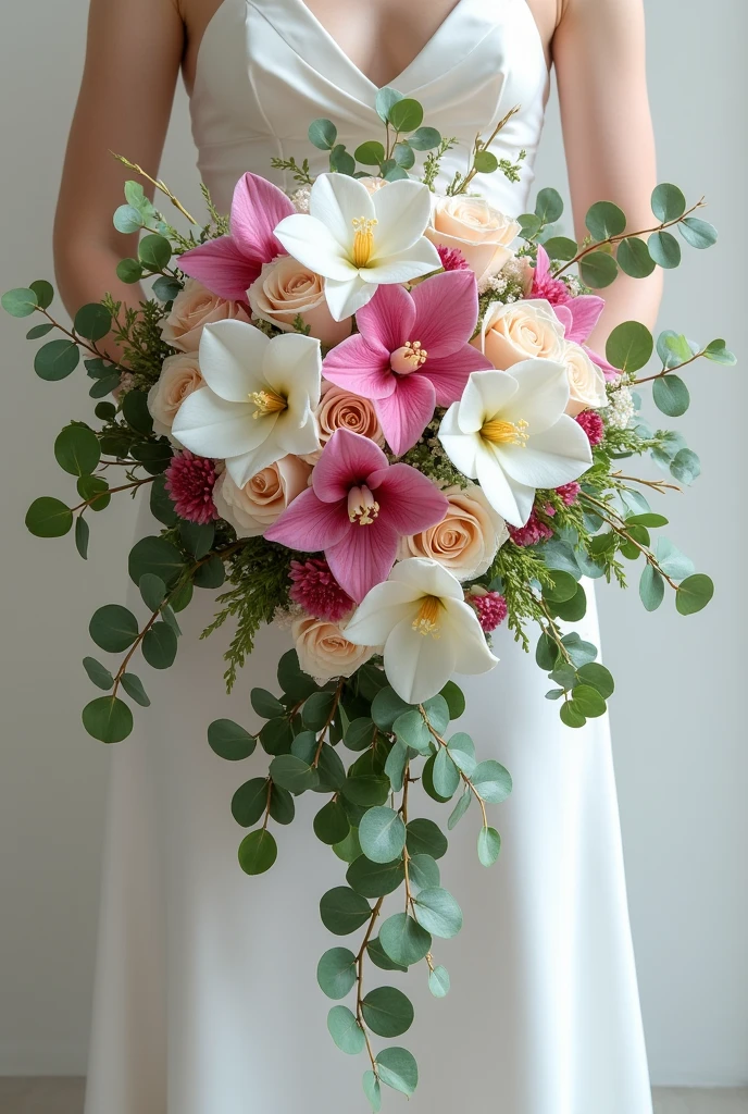 cascade bridal bouquet, The green of the bouquet is only with eucalyptus, 6 white dragon flowers , several roses (soft cream color almost white) and 4 pink cymbidium orchids