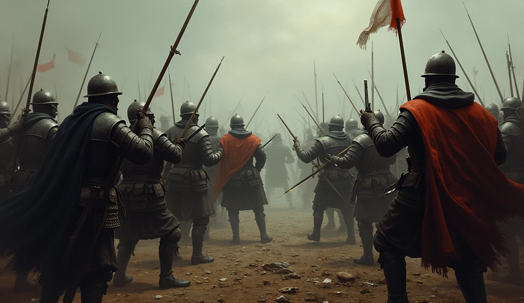 A dramatic illustration of the early skirmishes between English and French troops during the Hundred Years' War. The scene unfolds on a mist-shrouded battlefield, with a limited number of soldiers clashing in fierce, close-quarter combat. The English troops, clad in dark, battle-worn armor, face off against the French soldiers in bright, yet tattered livery. The ground is littered with debris and fallen weapons, emphasizing the chaos and intensity of the encounter. Dim, overcast skies and a somber color palette enhance the mood, while detailed expressions of grim determination and tension on the soldiers' faces highlight the burgeoning conflict. The scene, rich in atmospheric detail and rendered in the evocative style of Edmund Blair Leighton, captures the early, raw essence of the ongoing struggle., Surrealism, Hyperrealism, UHD, retina, masterpiece, accurate, anatomically correct, textured skin, super detail, best quality, 16k
