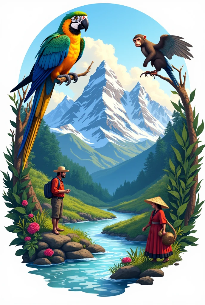 Create logo with the following characteristics: Main image of the two snow-capped peaks of the Sierra, Water that flows into the sea, Macaw, monkey and peasant man and woman