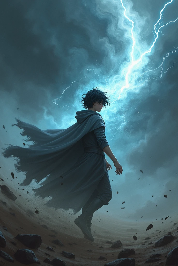 A dark-haired ager in a cape and gray clothes, using magic to create a tornado and strong winds