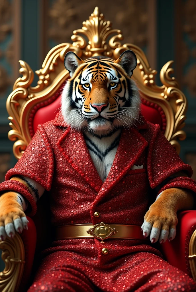 One tiger in red diamond costum. tiger sitting on golden chair