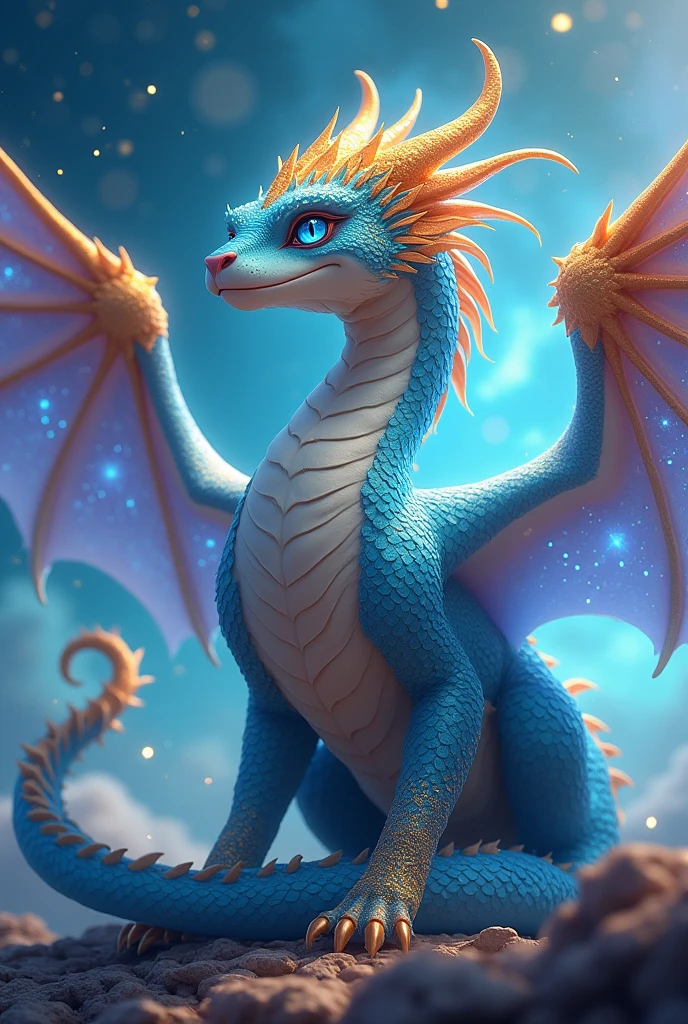 A dragon with bright, radiant scales in shades of blue and gold, reflecting the colors of the sky. Its wings are wide and powerful, tipped with starlight. The dragon’s eyes are a vivid blue, filled with curiosity and wonder, and it carries a bow-shaped crest on its head, symbolizing its connection to the stars.